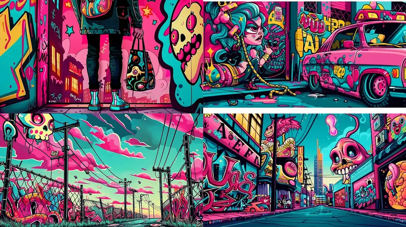 Vibrant urban street art with a surreal twist - Midjourney sref style