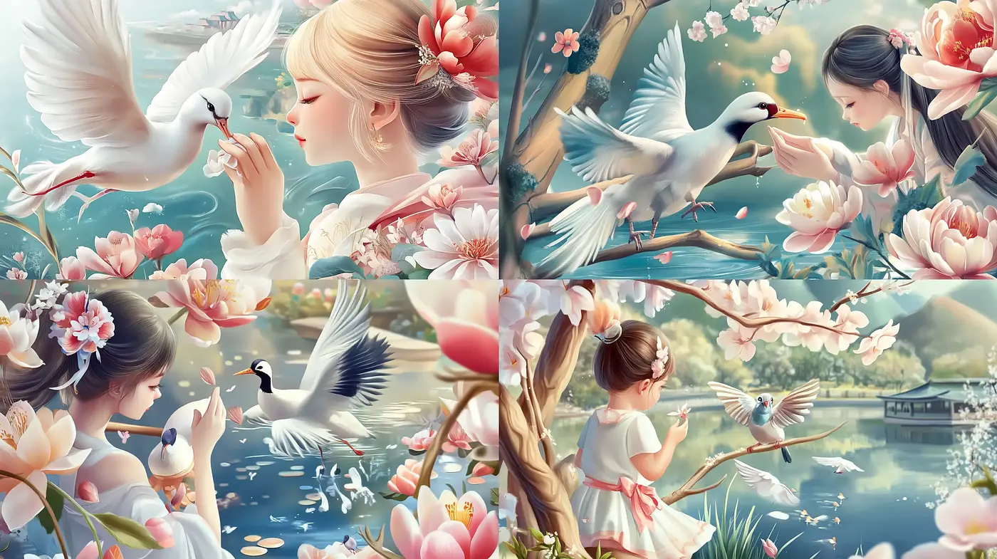 Tranquil Elegance in a Blossoming Dreamscape - Midjourney sref style