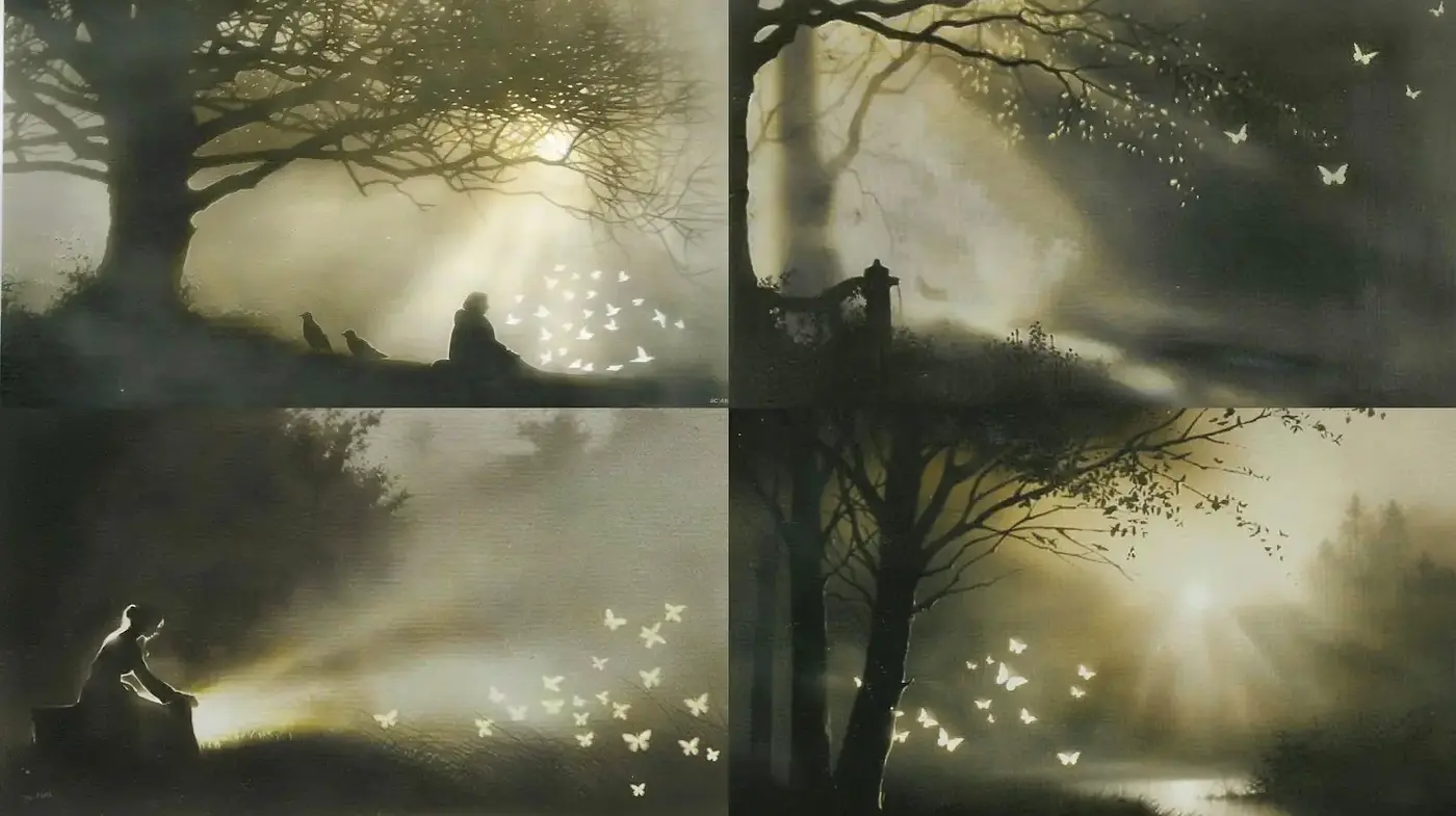 Ethereal Landscapes with Whispering Light and Nature's Serenity - Midjourney sref style