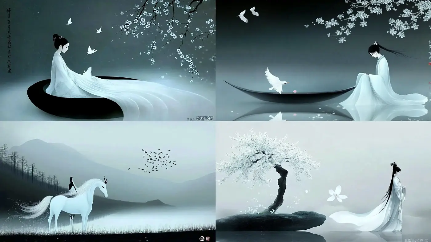 Ethereal Monochrome Dreamscape with Nature and Flowing Fabric Motifs - Midjourney sref style