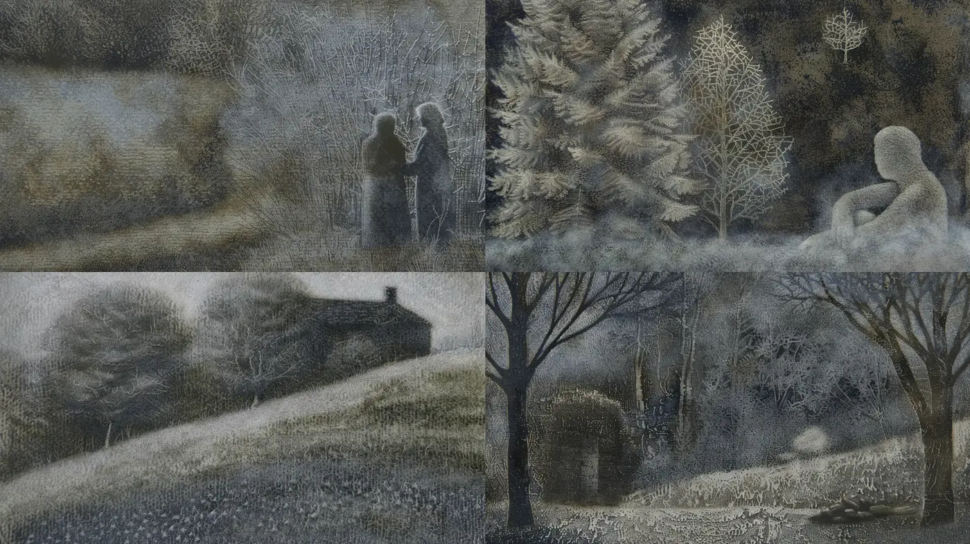 Ethereal Monochrome Landscapes: A Dreamlike Fusion of Nature and Texture - Midjourney sref style