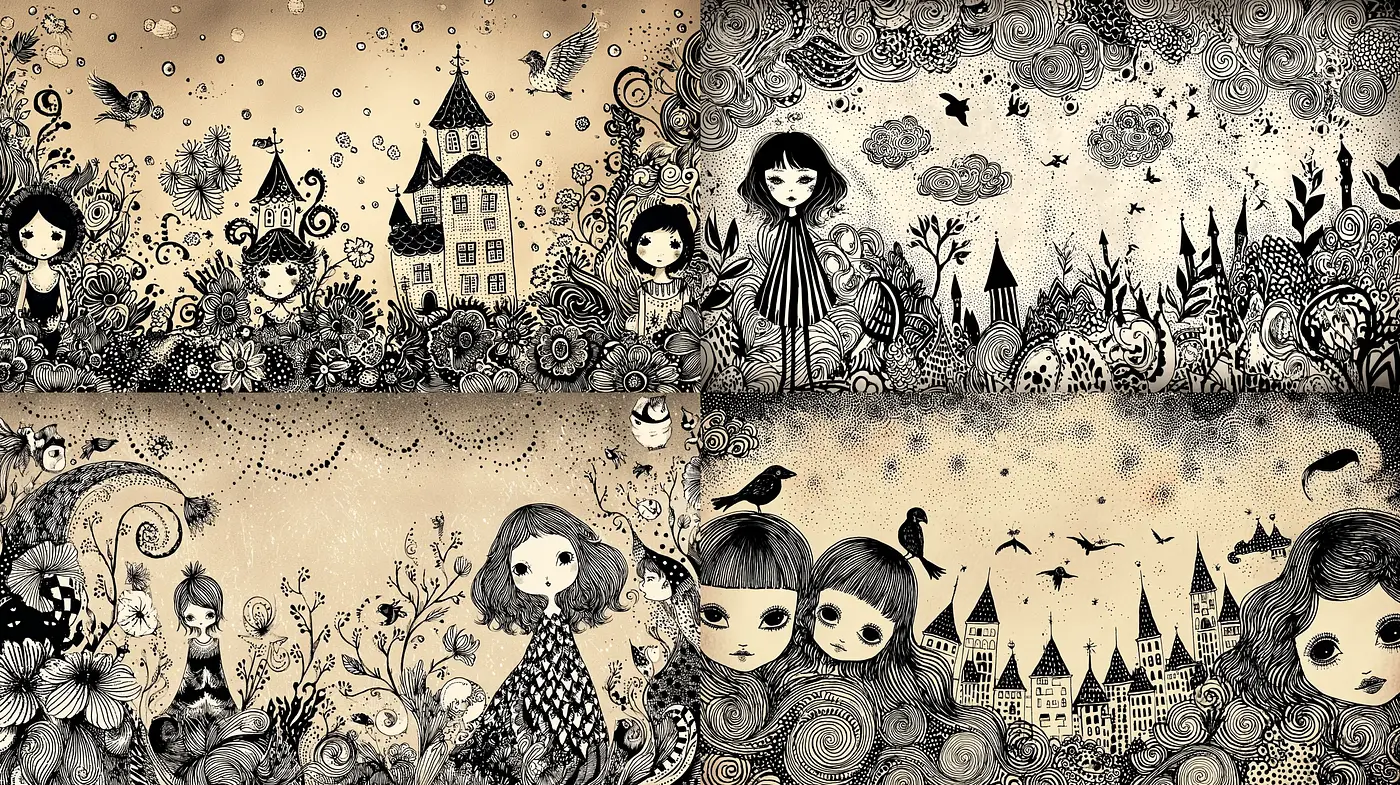 Whimsical and Intricate Black and White Illustrations with a Vintage Touch - Midjourney sref style