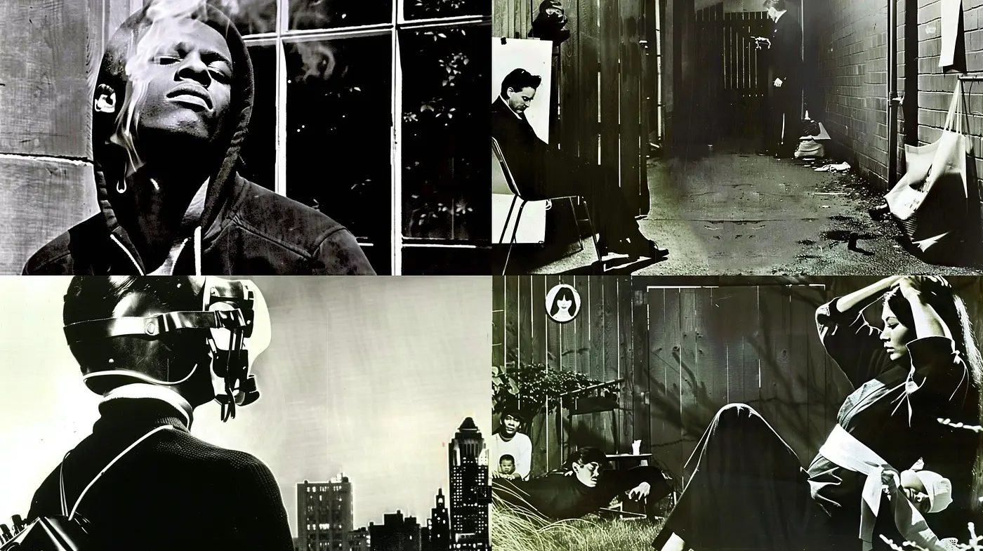 Monochromatic Nostalgia: A Fusion of Cinematic Noir and Stylized Grunge - Midjourney sref style