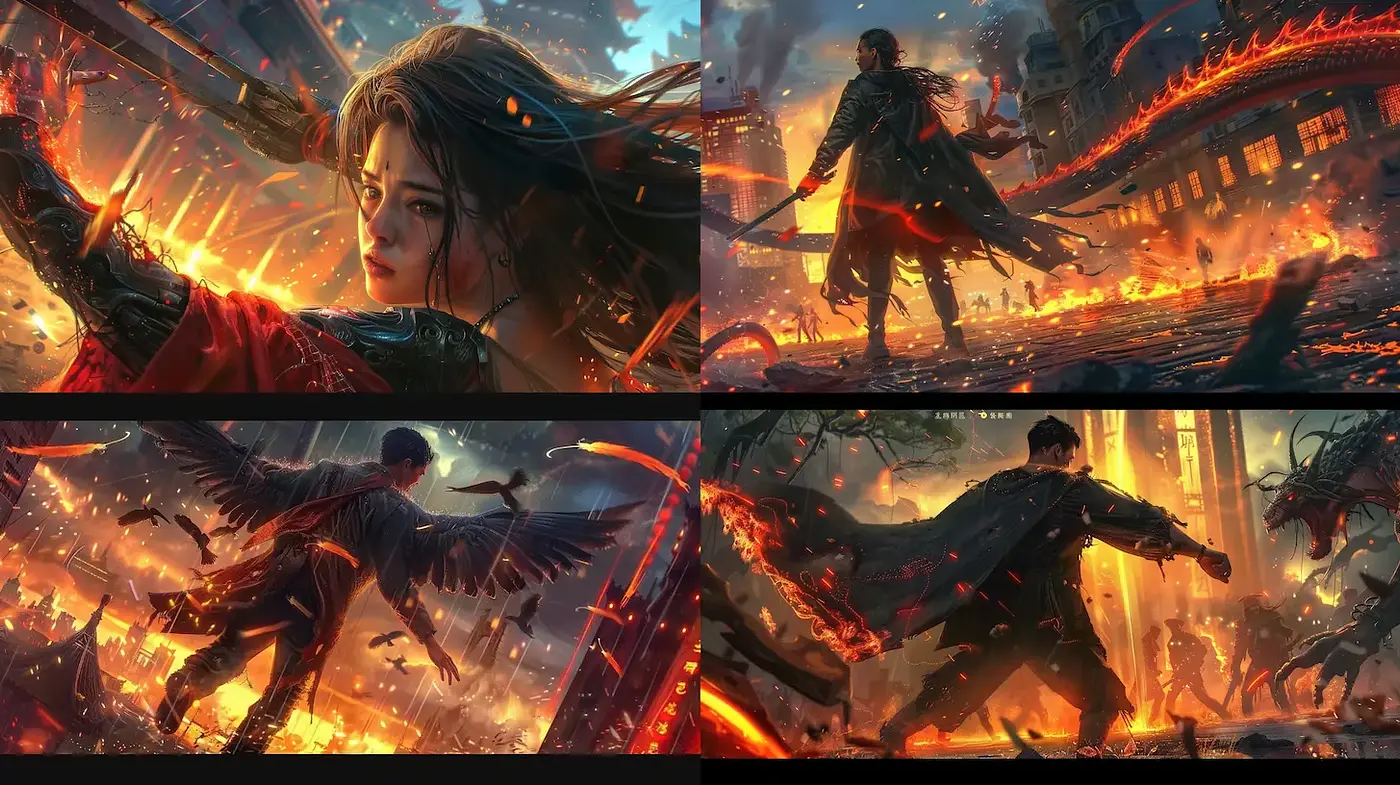 Dynamic and Intense Action-Infused Aesthetic with Fiery Elements - Midjourney sref style