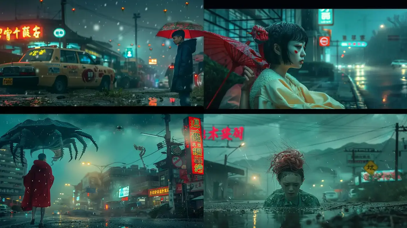 Mysterious urban landscapes in a surreal, vibrant aesthetic - Midjourney sref style