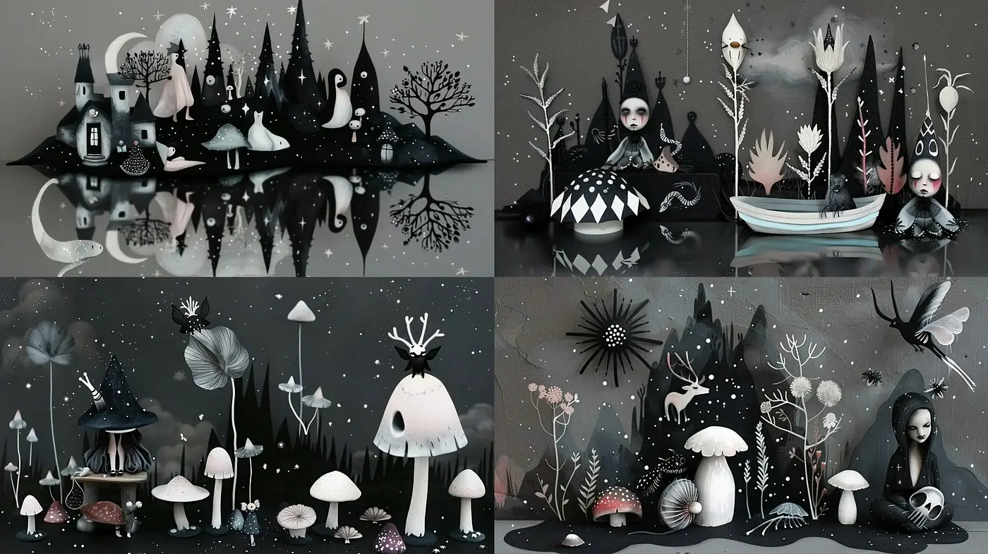 Ethereal Monochromatic Fantasyscape with Surrealist Undertones - Midjourney sref style