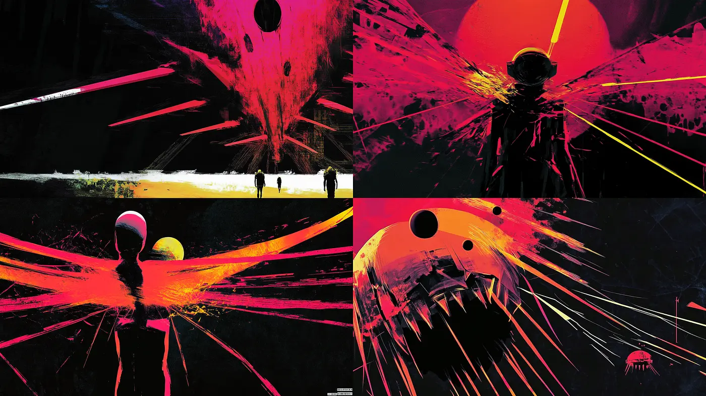 Surreal Sci-Fi Art with Bold Vivid Colors and Dynamic Composition - Midjourney sref style