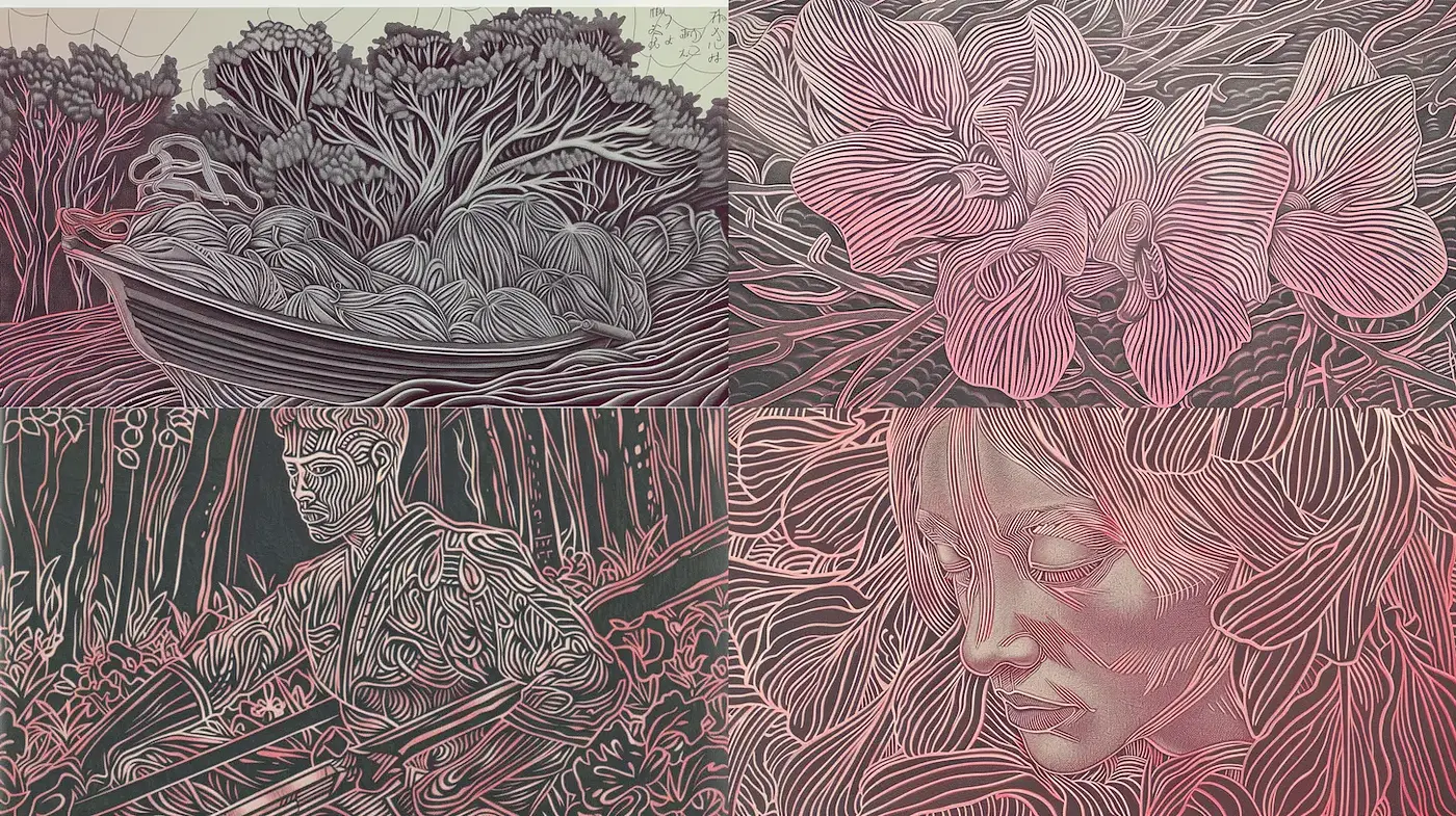 Intricate lineart with botanical and human elements conveying a harmonious nature - Midjourney sref style