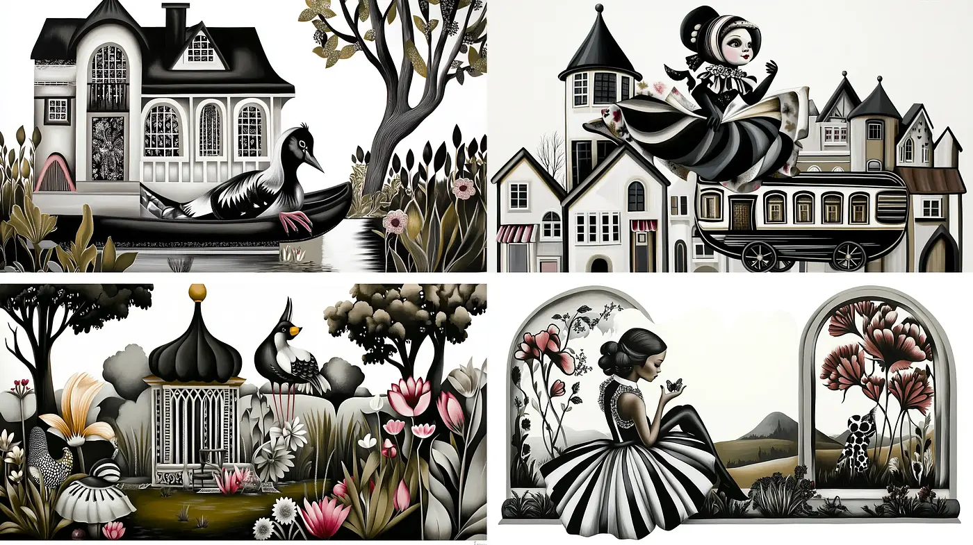 Monochromatic Elegance with Surreal Storybook Allure - Midjourney sref style