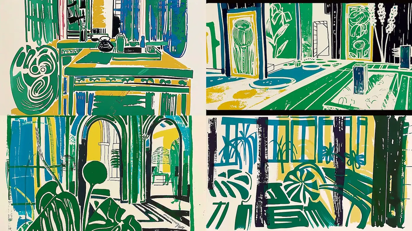 Vibrant Mid-Century Inspired Interior Design Illustrations - Midjourney sref style