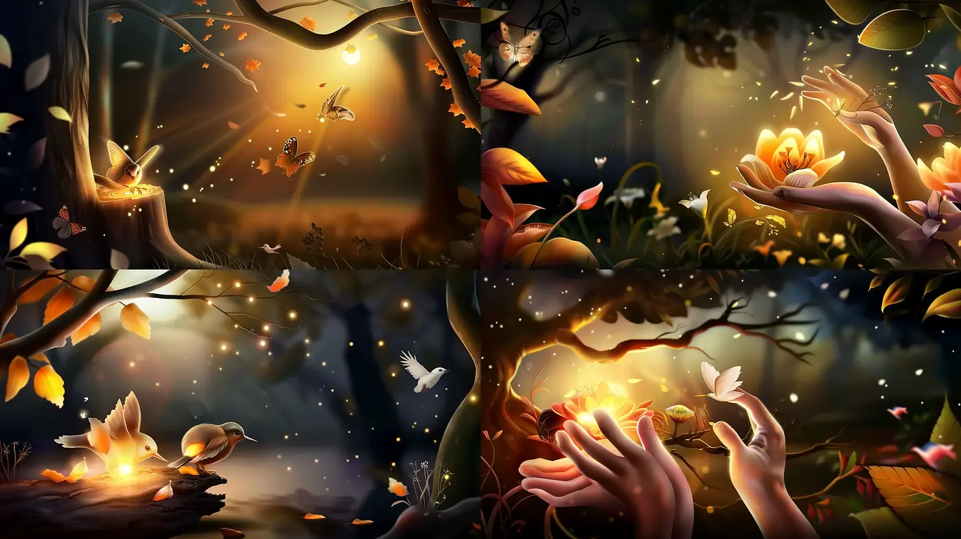 Enchanted Twilight: A Consistent Dreamscape of Warm Hues and Surreal Light - Midjourney sref style