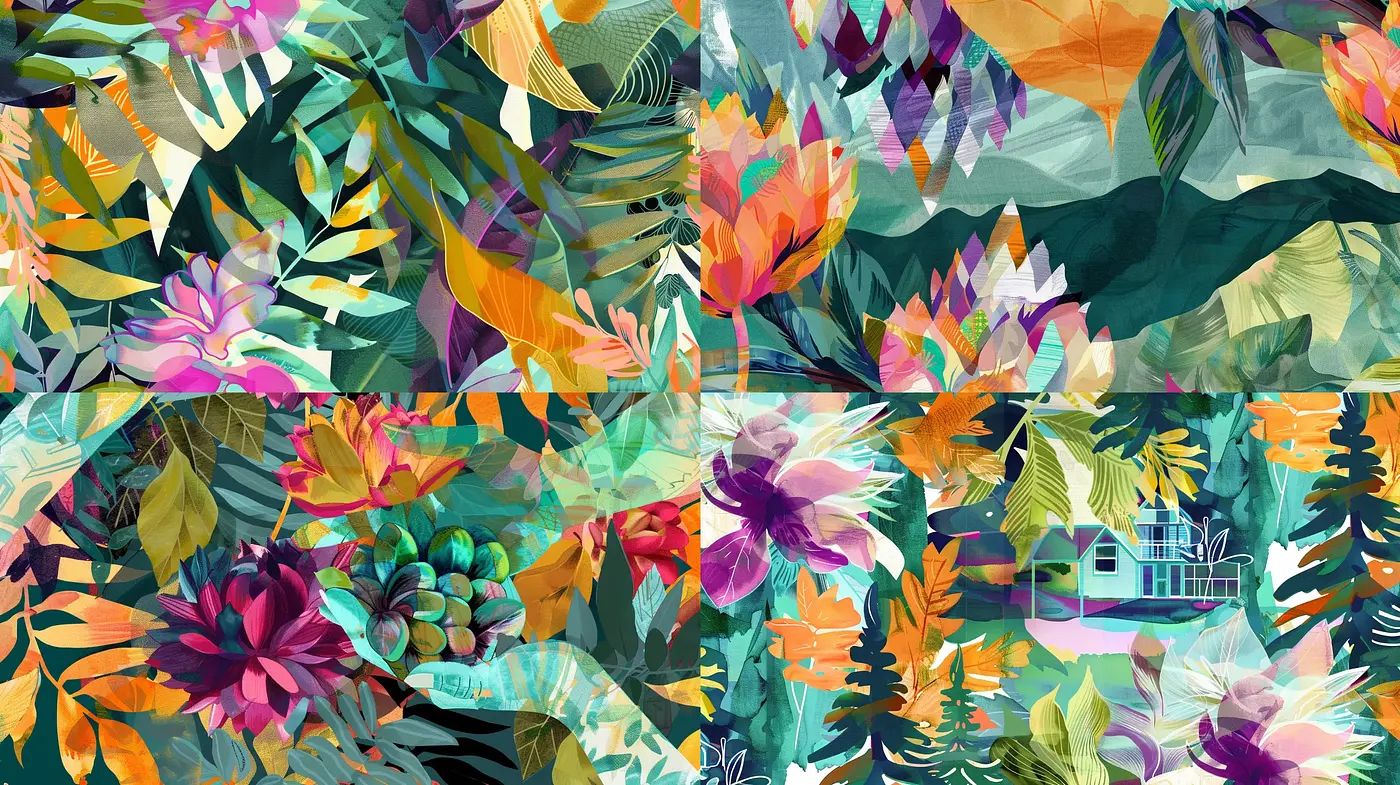 Vibrant Botanical Collage with a Modern Digital Touch - Midjourney sref style