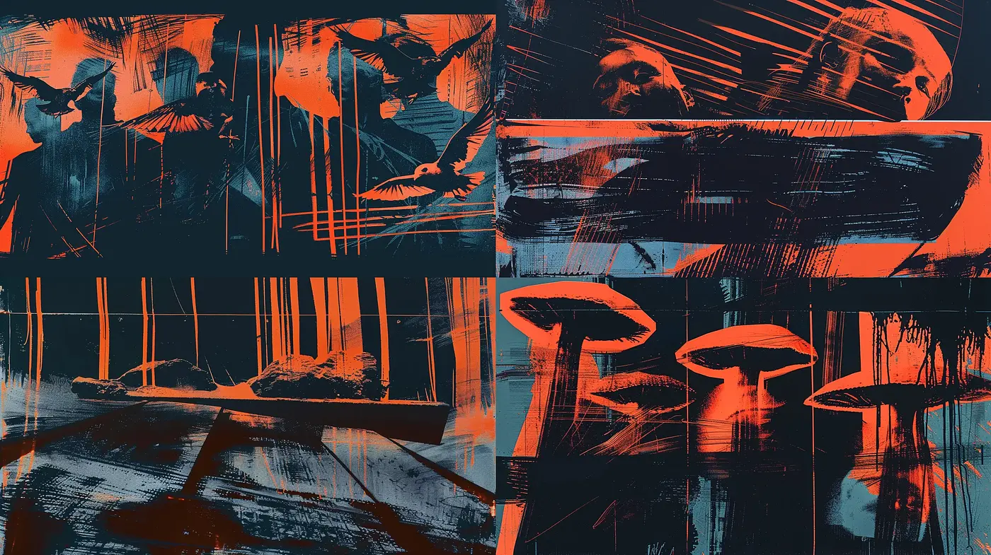 Nocturnal Echoes in Orange and Teal: A Fusion of Abstract Expressionism and Graphic Novel Aesthetics - Midjourney sref style