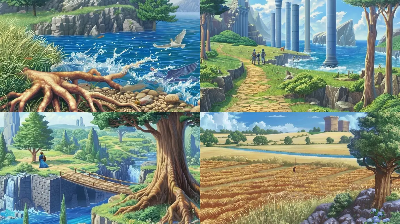 Serene Vistas and Vibrant Landscapes: A Fusion of Digital Pastoral and Futuristic Elements - Midjourney sref style