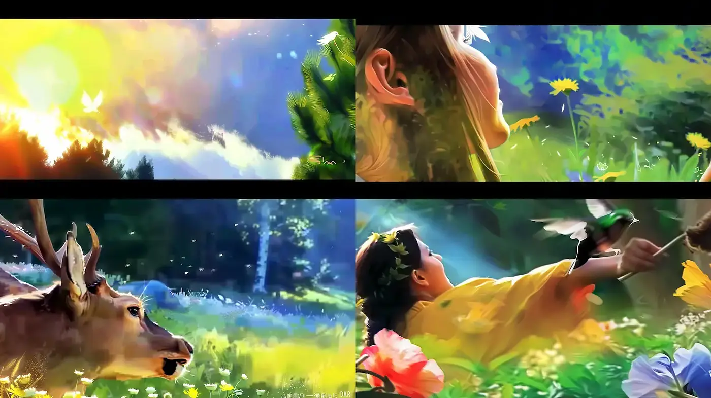 Dreamlike pastoral scenes with vivid natural elements and emotive expressions - Midjourney sref style