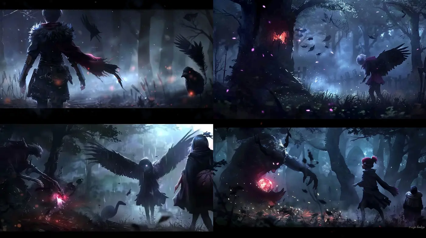 Enigmatic Twilight Forest Portrayals in Monochromatic Hues with Fantasy Overtones - Midjourney sref style