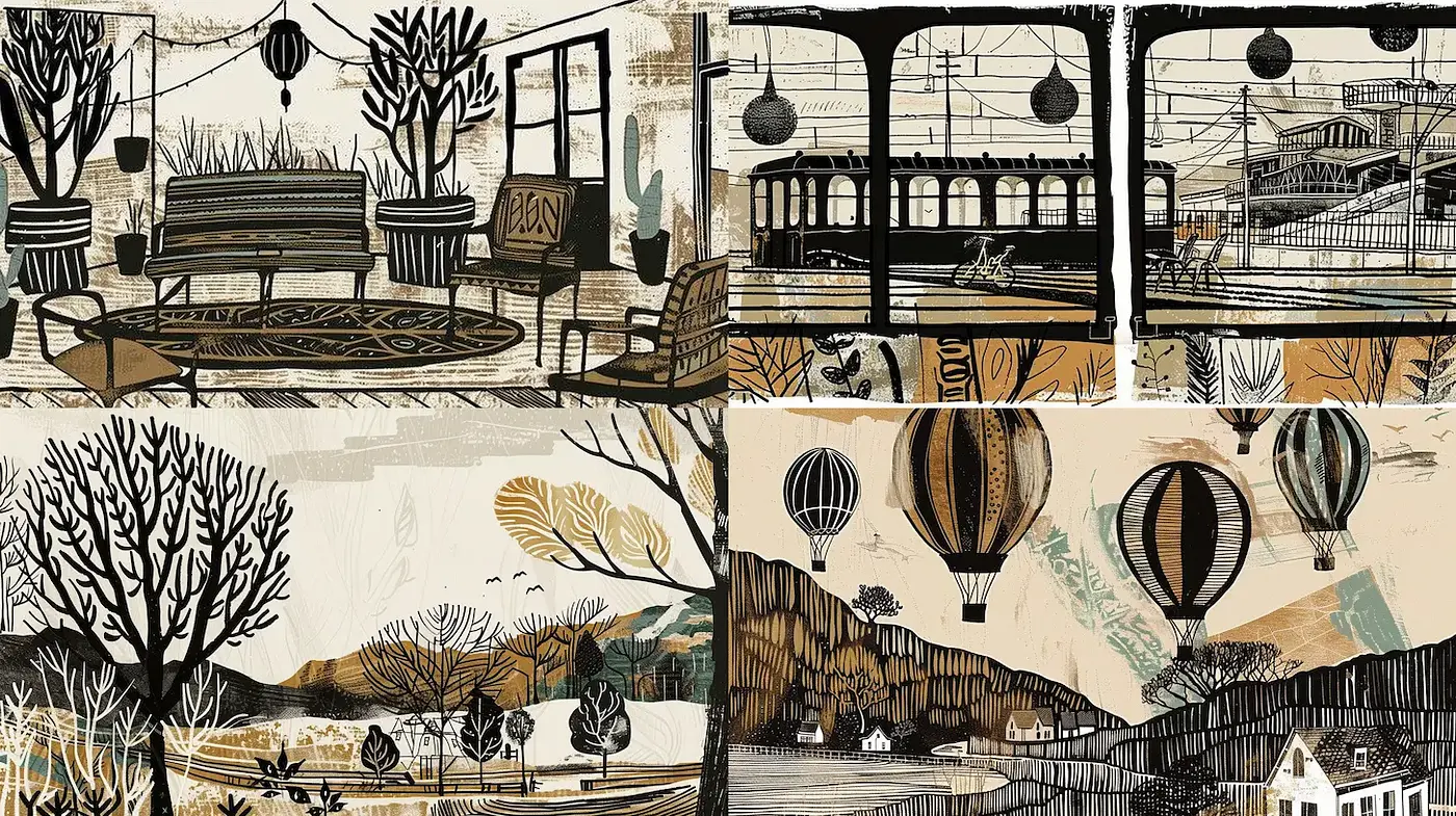 Charming Mid-Century Inspired Illustrations with Whimsical Elements - Midjourney sref style