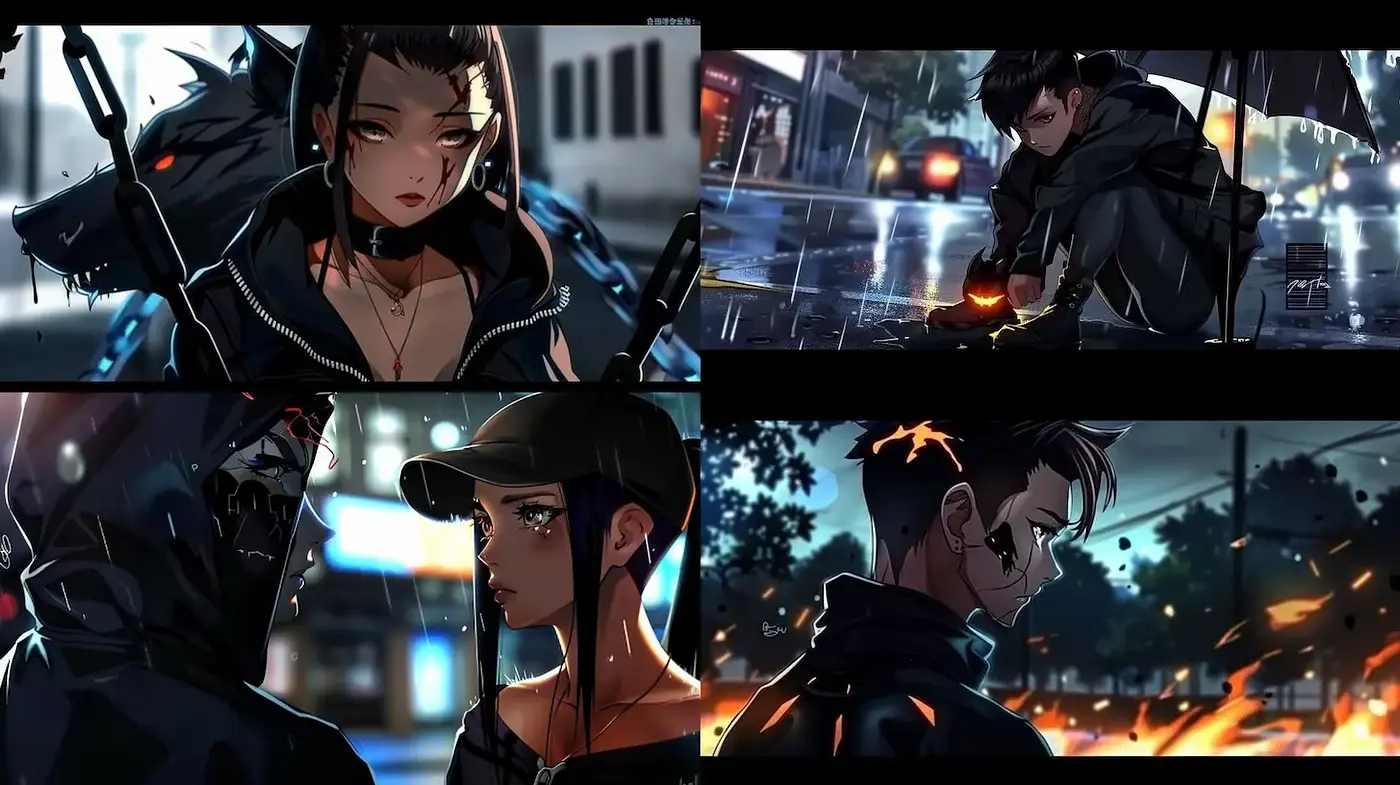 Dark, atmospheric urban art with sleek character design - Midjourney sref style