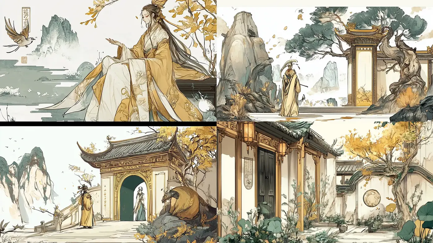 Ethereal Ink Wash Harmony: Serenity of Ancient Eastern Sceneries - Midjourney sref style