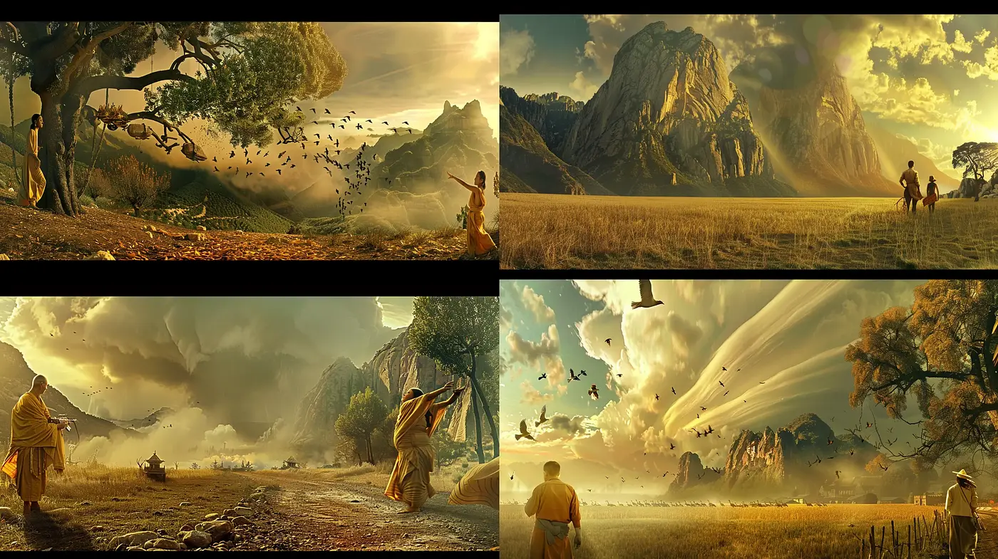 Ethereal Vistas and Timeless Adventures: A Harmony of Golden Hues and Romantic Realism - Midjourney sref style