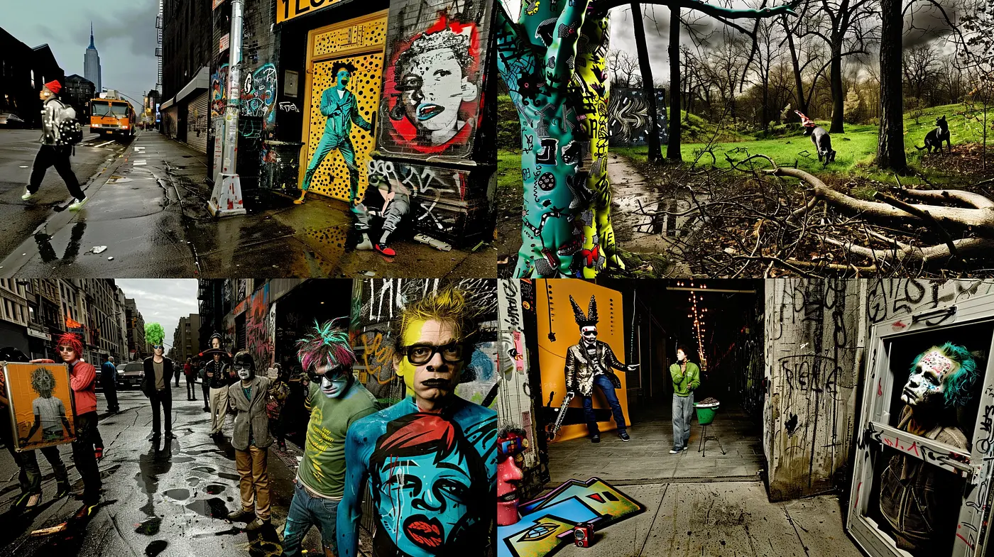 Gritty Urban Tapestry with Surrealist Pop Art Overtones - Midjourney sref style