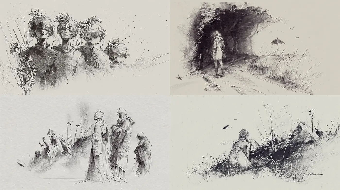 Monochromatic Ink Wash Landscapes and Figures Evoking Serenity - Midjourney sref style