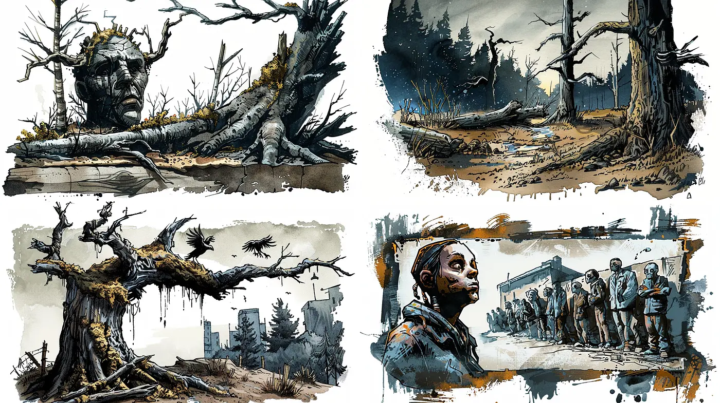 Gritty Inkwash Visions: A Cohesive Exploration in Monochrome Storytelling - Midjourney sref style