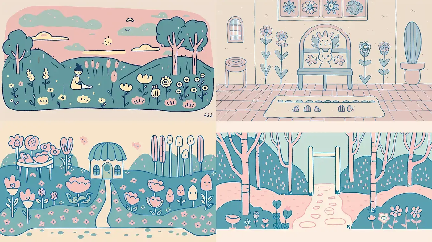 Playful and Whimsical Pastoral Illustrations with Consistent Softness - Midjourney sref style