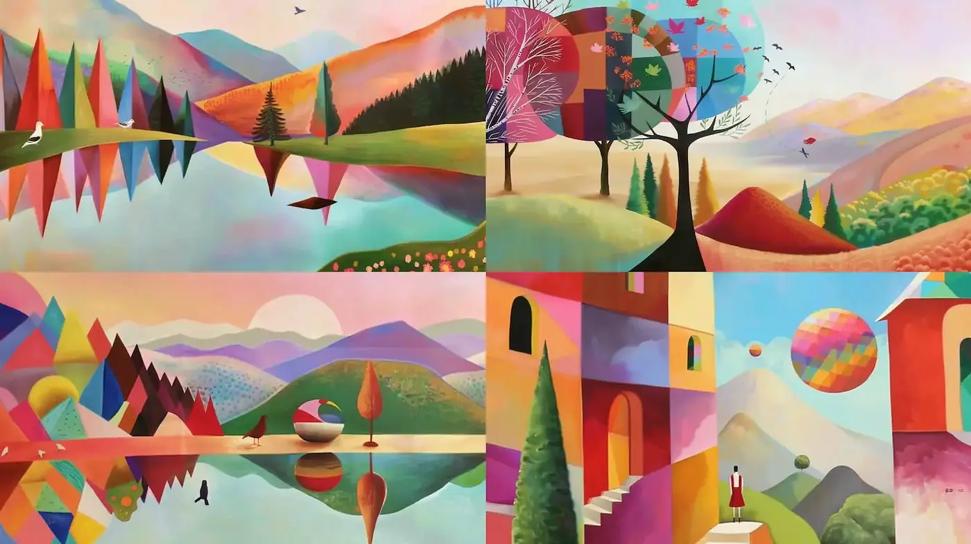 Vibrant Geometric Landscapes with a Playful Essence - Midjourney sref style