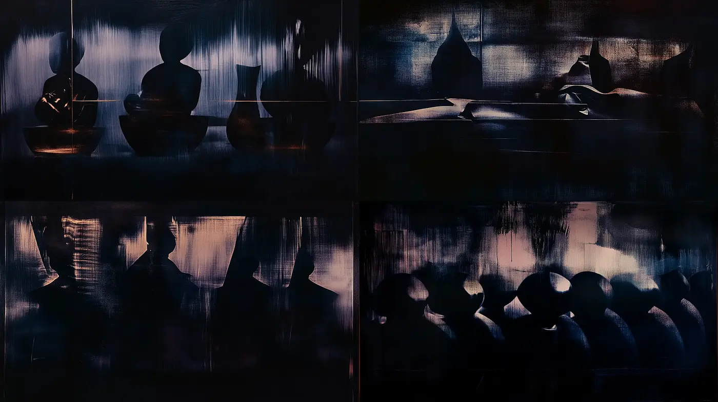 Nocturnal Symphony: A Sombre Dance of Shadows and Textures - Midjourney sref style