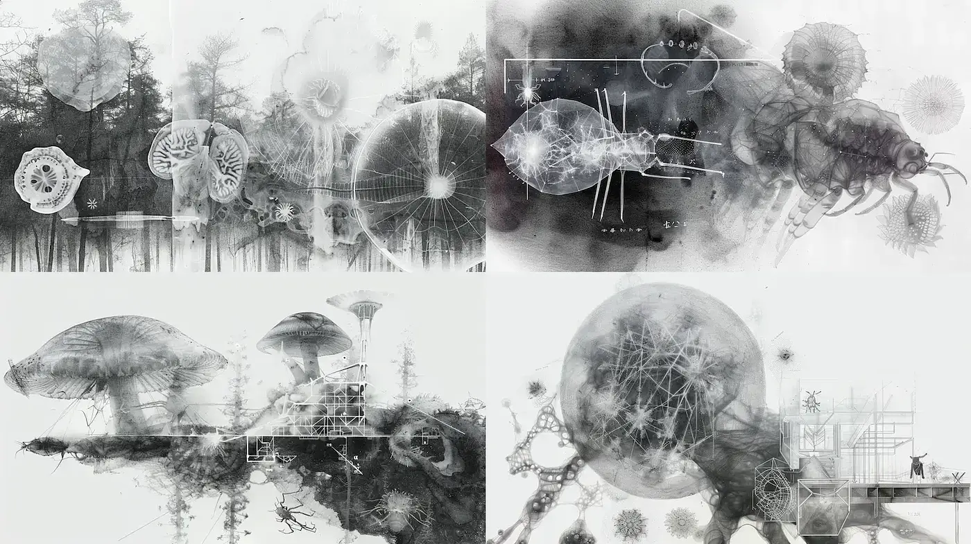 Ethereal Monochrome Dreamscape: A Fusion of Organic Forms and Geometric Intricacy - Midjourney sref style