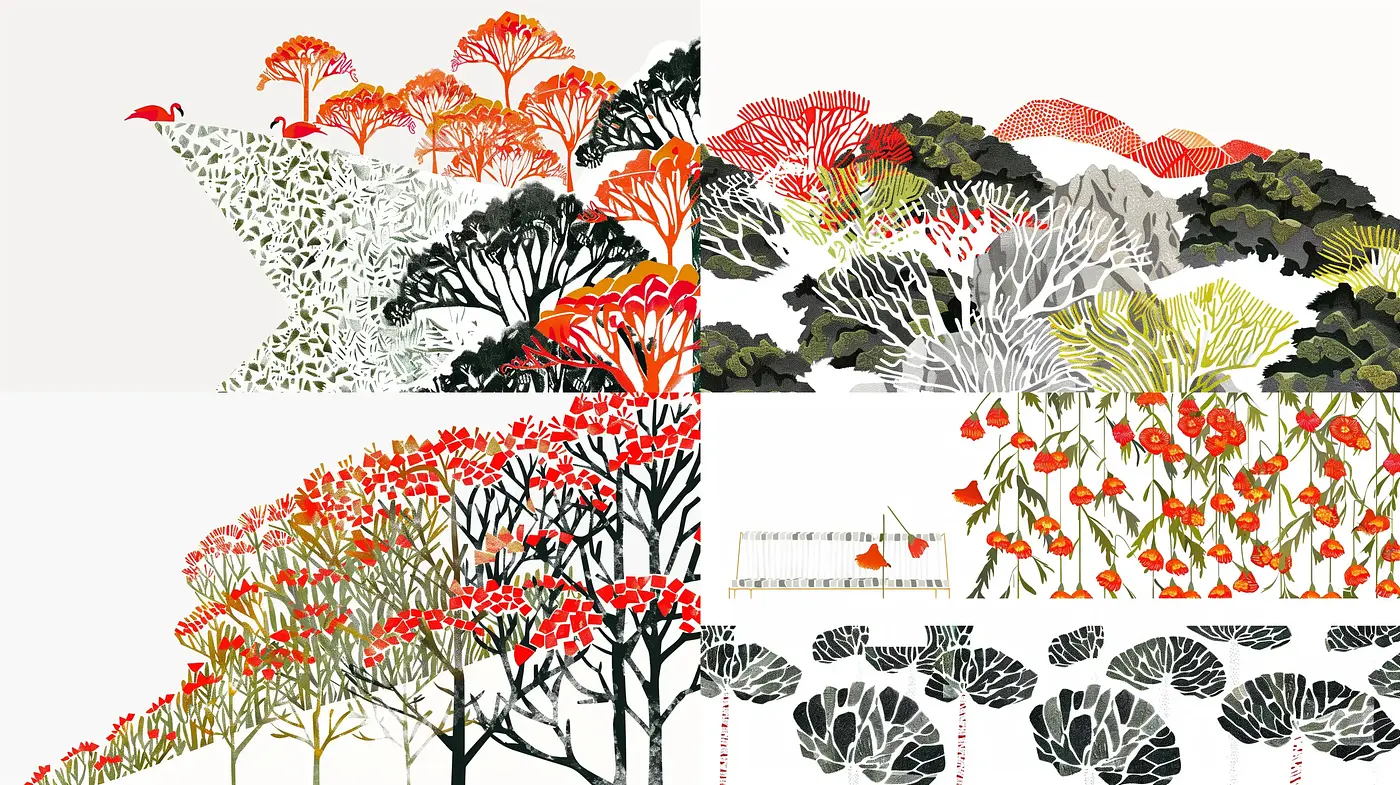 Ethereal Botanical Silhouettes: A Study in Monochrome and Vibrance - Midjourney sref style