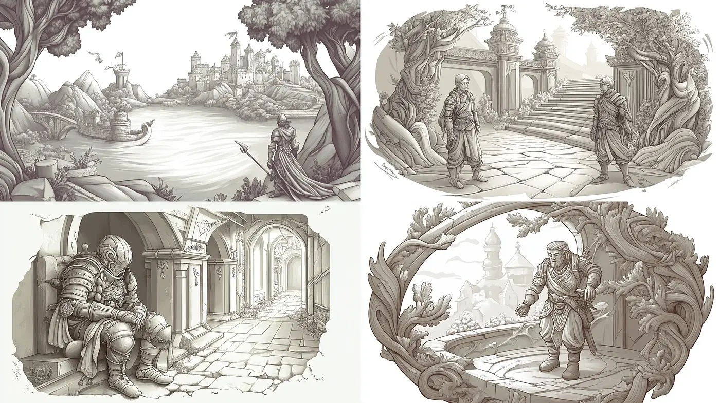 Monochromatic Engravings of Medieval Tales - Midjourney sref style