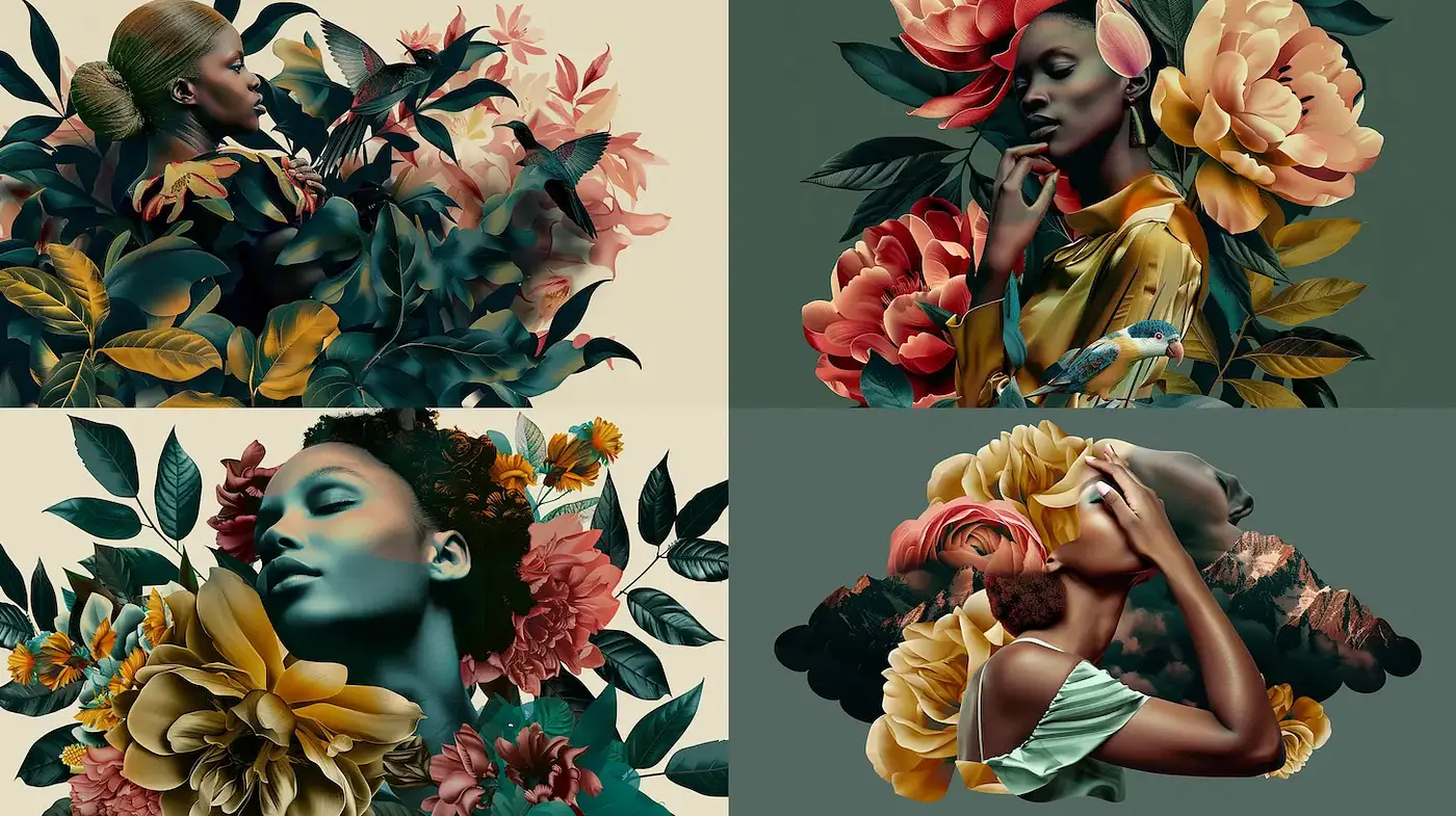 Lush Floral Portraiture with Vibrant Textural Depth - Midjourney sref style