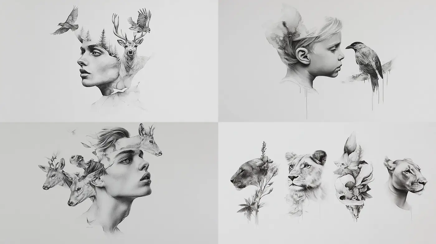 Intricate Portraits Blending Nature and Humanity in a Monochromatic Style - Midjourney sref style