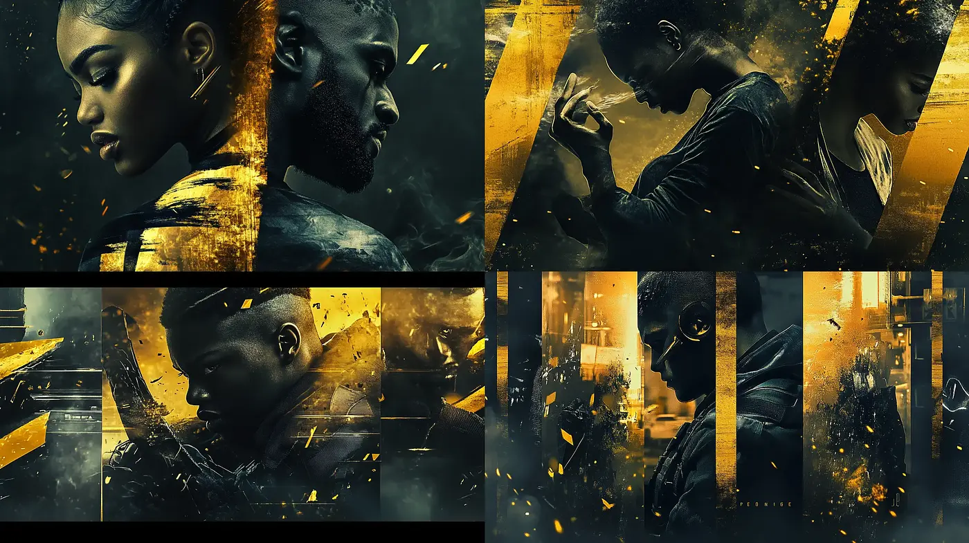 Fragmented Cinematic Dreamscape in Golden Noir Tones - Midjourney sref style