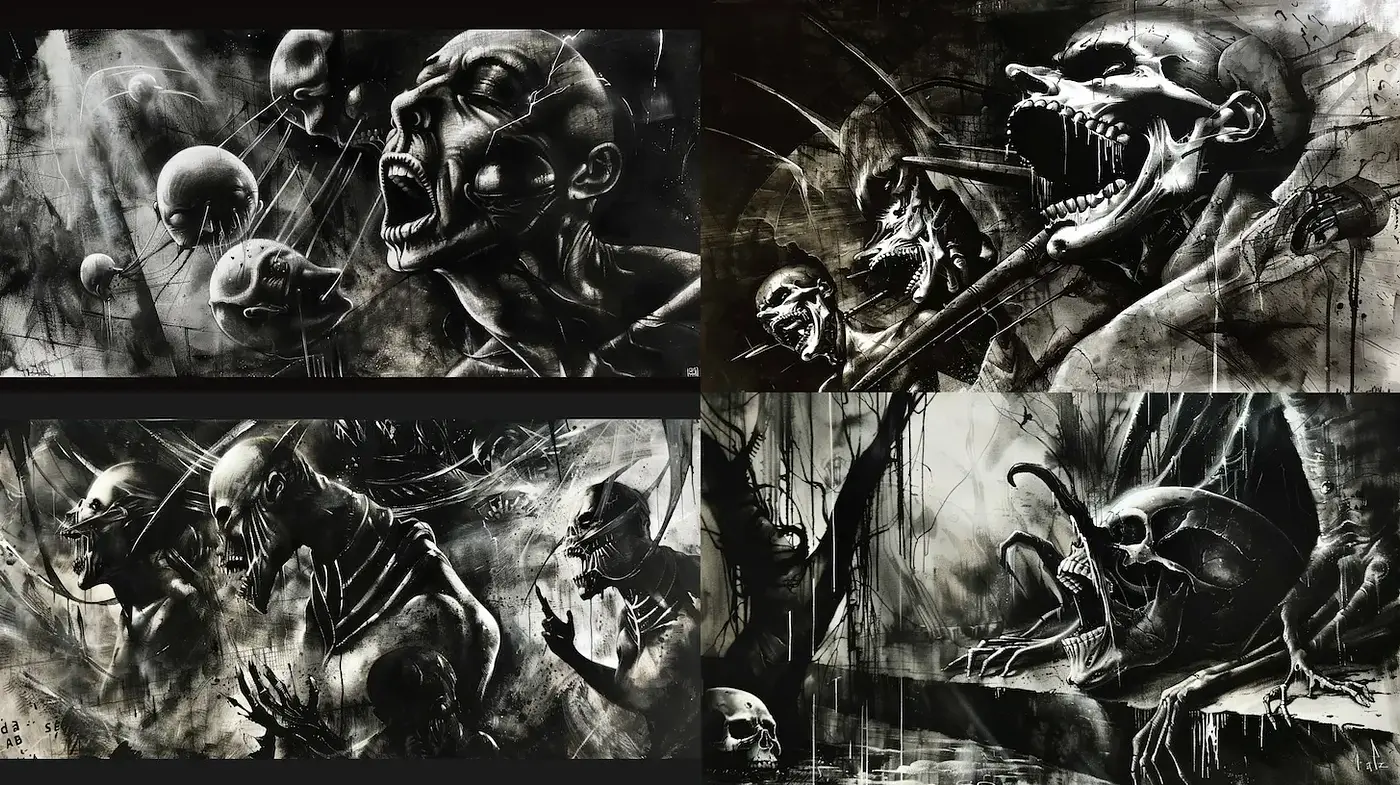 Dark, expressive stylization with intense human emotion - Midjourney sref style
