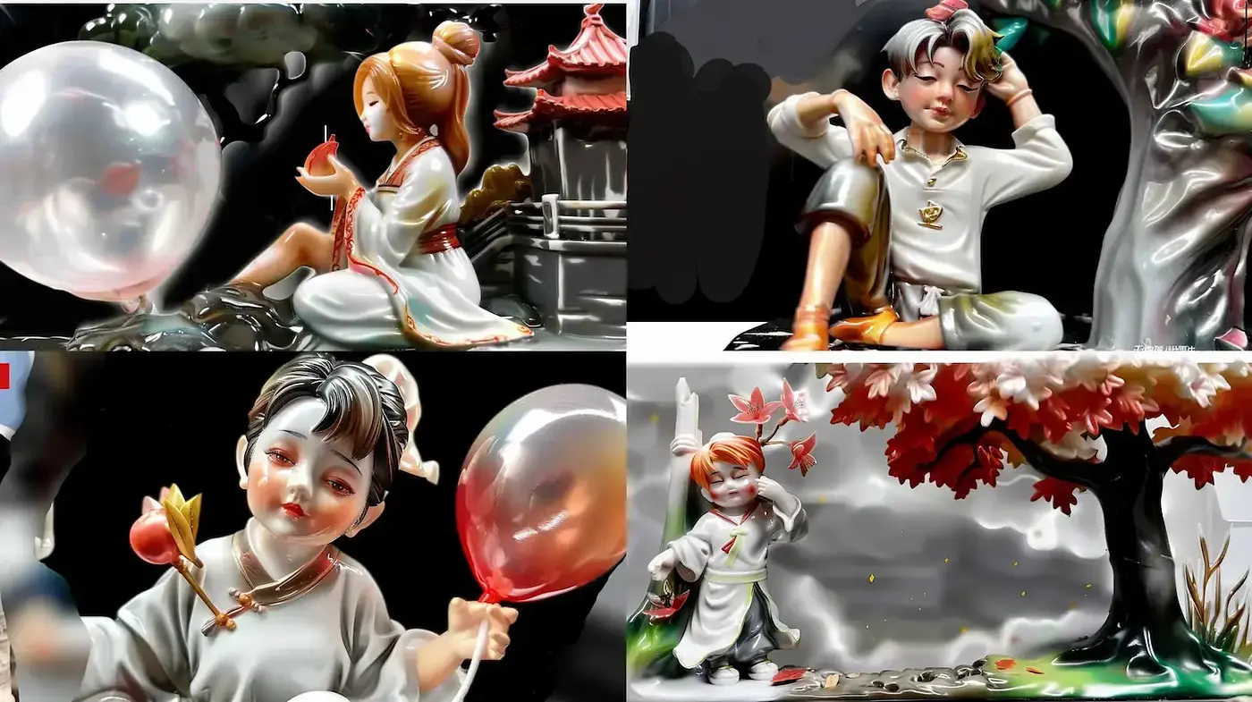 Lustrous Porcelain Figurines Amidst Ethereal Dreamscapes - Midjourney sref style