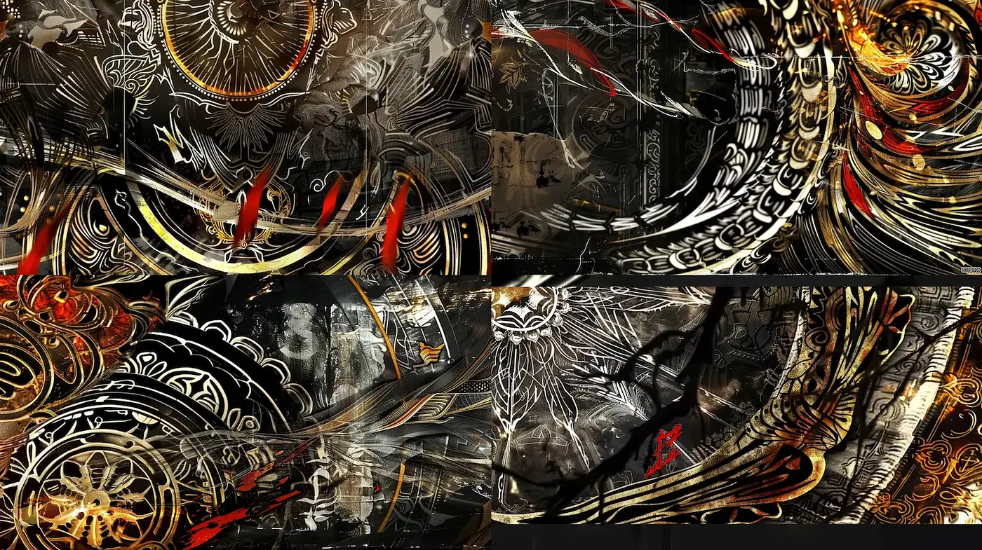 Intricate and Dynamic Patterns with a Dark and Fiery Aesthetic - Midjourney sref style
