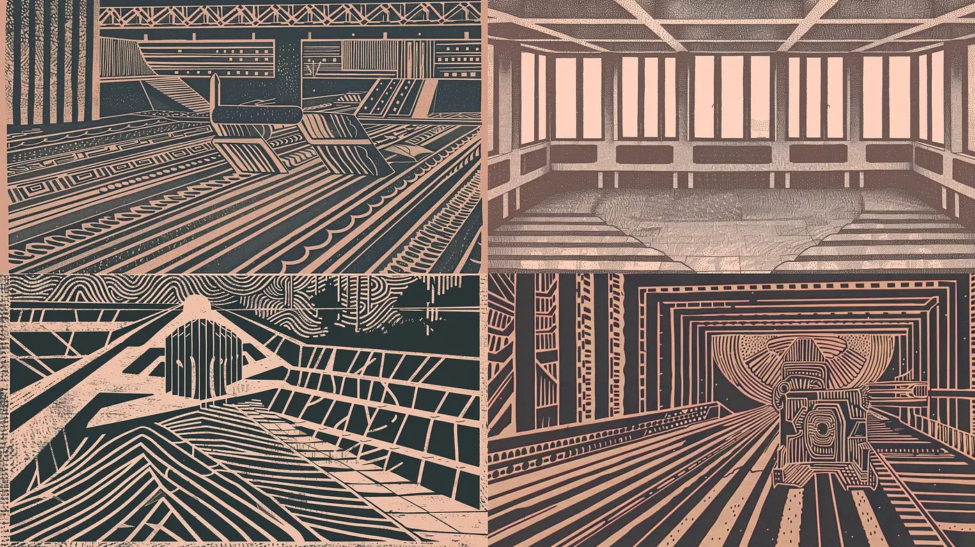 Copper Tones and Geometric Precision: A Retro-Abstract Exploration - Midjourney sref style