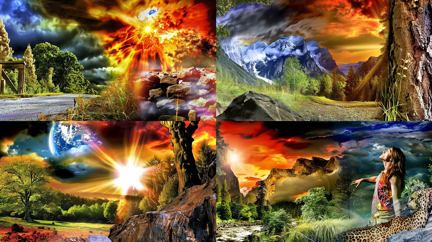 Surreal and Vivid Panoramas: A Showcase of Dynamic Landscapes and Explosive Skies - Midjourney sref style