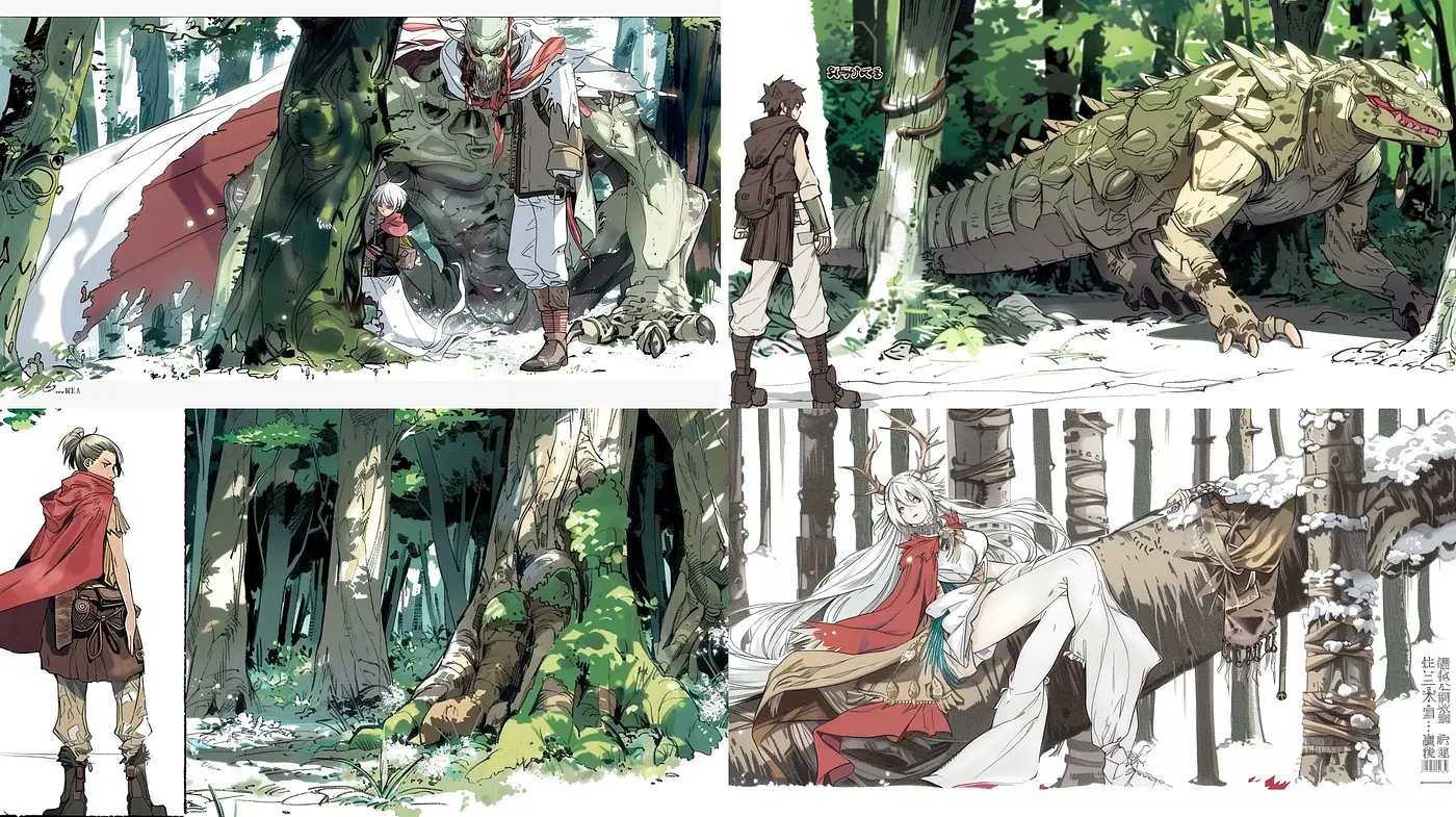 Enchanted Forest and Mythical Creatures: A Stylized Anime-Inspired Tableau - Midjourney sref style
