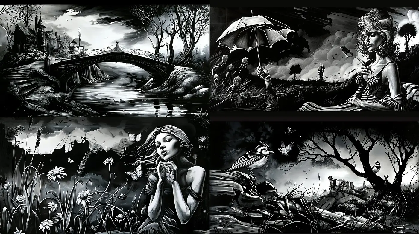 Monochromatic Elegance: A Homage to Classic Gothic Storytelling in Art - Midjourney sref style