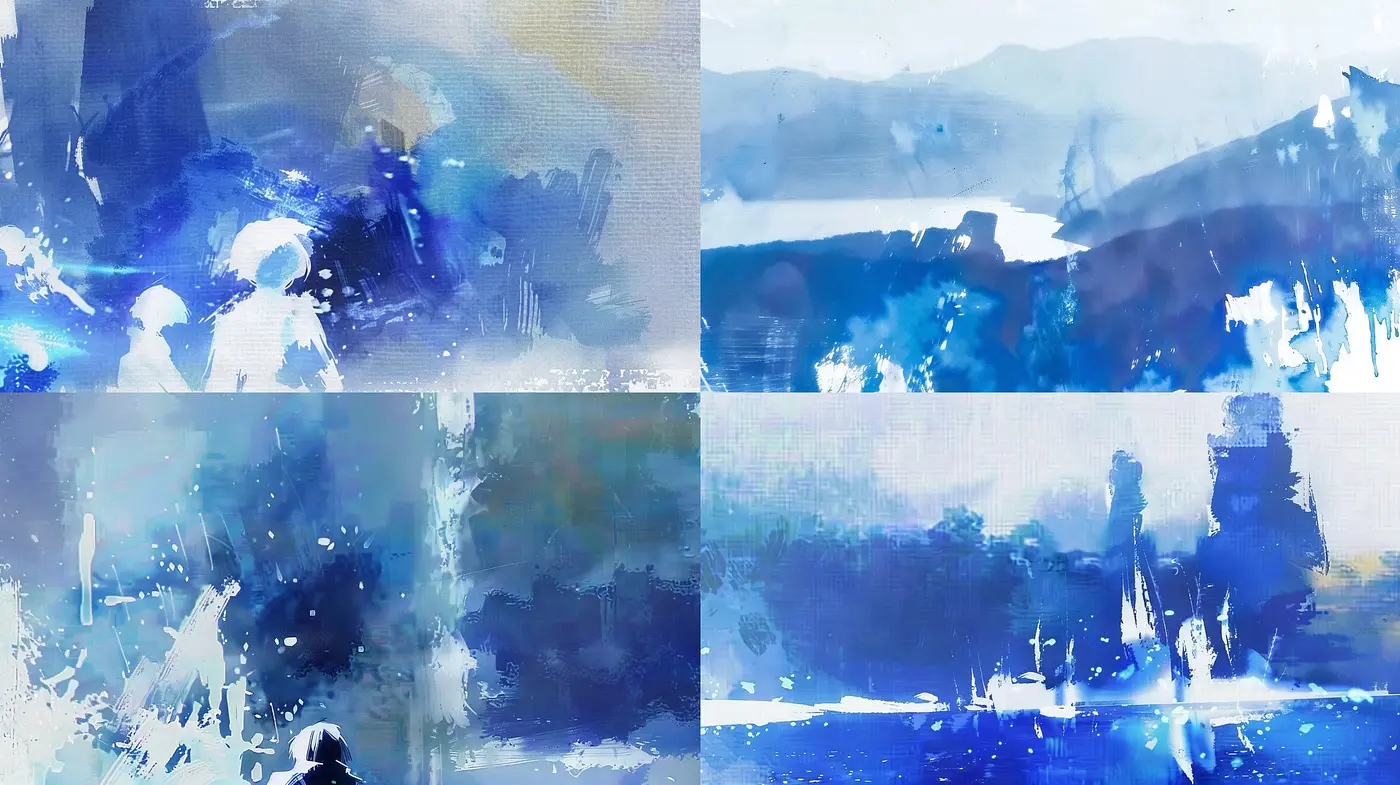 Spectral Brushstrokes in Cerulean Dreams: An Ode to Textured Nostalgia and Abstract Expressionism - Midjourney sref style