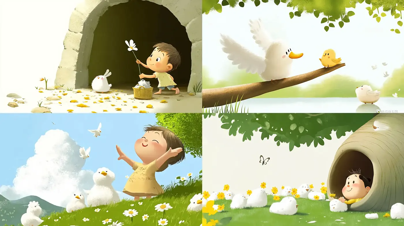 Serene Pastoral Whimsy: A Unified Illustrative Approach to Childlike Innocence and Nature - Midjourney sref style