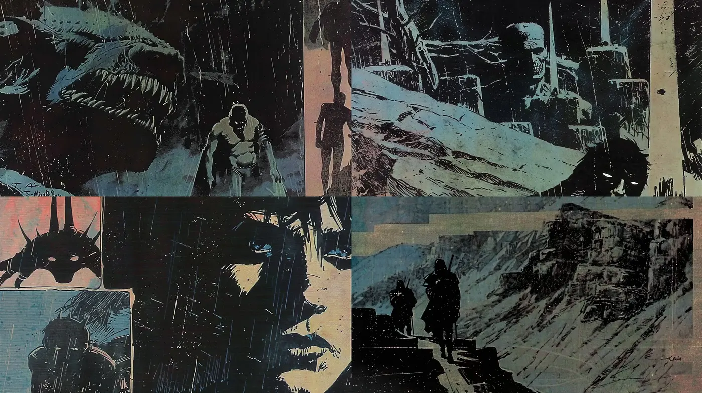 Gritty Monochromatic Narrative: A Study in Shadow and Form - Midjourney sref style