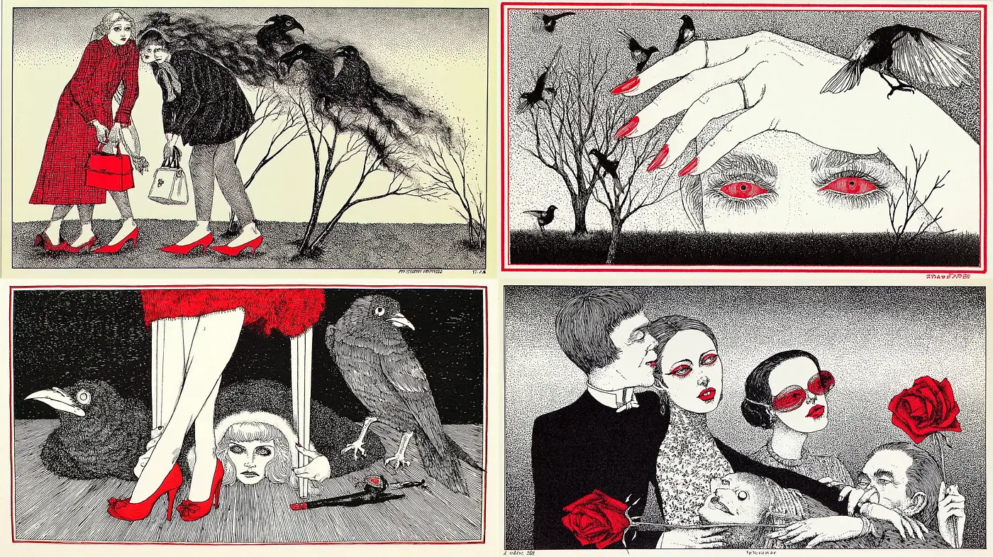 Darkly Playful Surrealism with Vintage Influences - Midjourney sref style