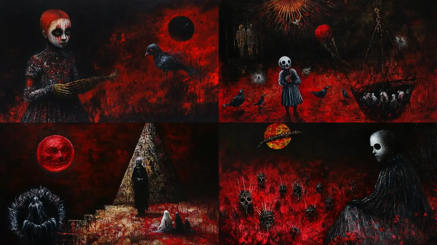 Eerie Macabre Nightscapes: A Dark Artistic Vision with Consistent Red and Black Hues - Midjourney sref style