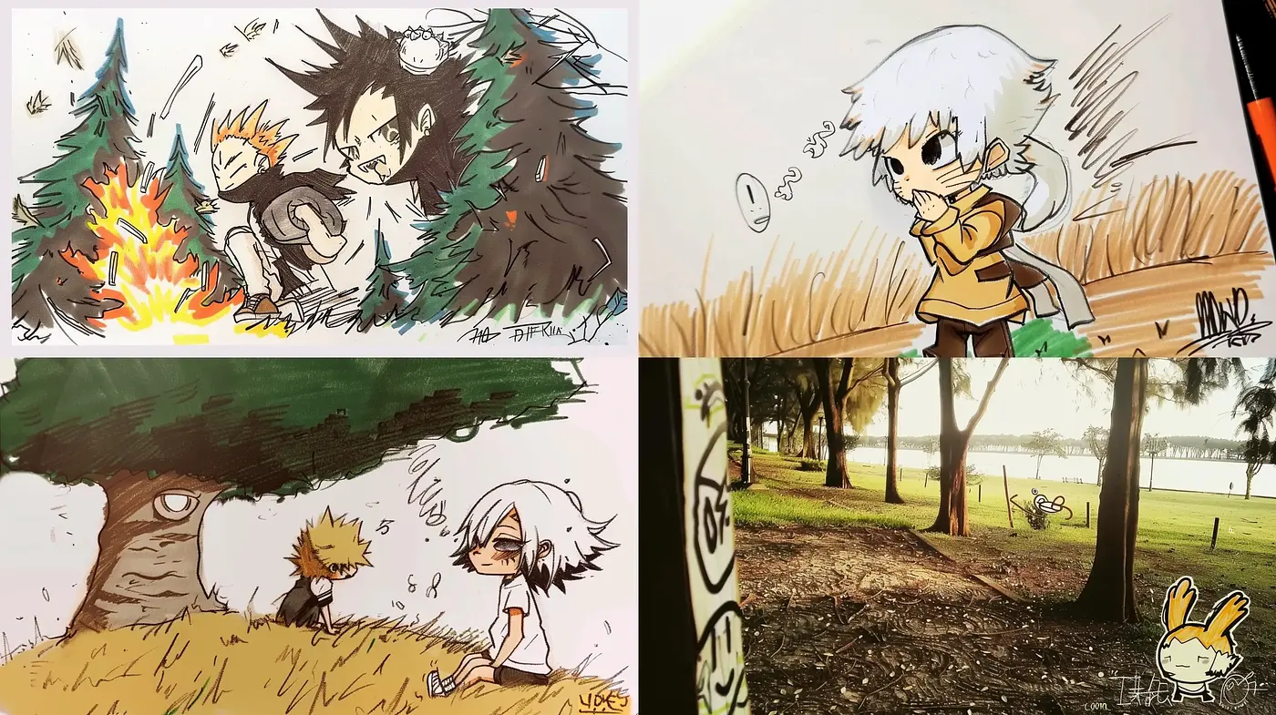 Whimsical Hand-Drawn Anime-Inspired Sketches with Earthy Tones - Midjourney sref style