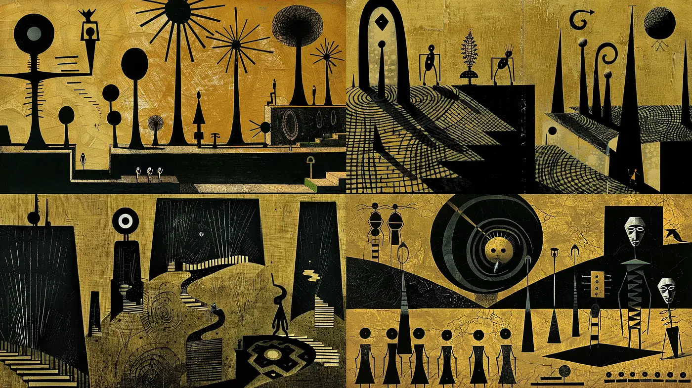 Surreal Noir Fusion with Textural Intrigue - Midjourney sref style